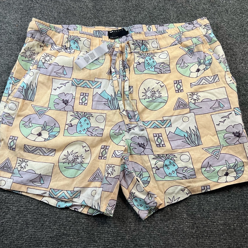 NWT ASOS shorts Drawstring Funky Beach Print Linen Blend Pockets‎